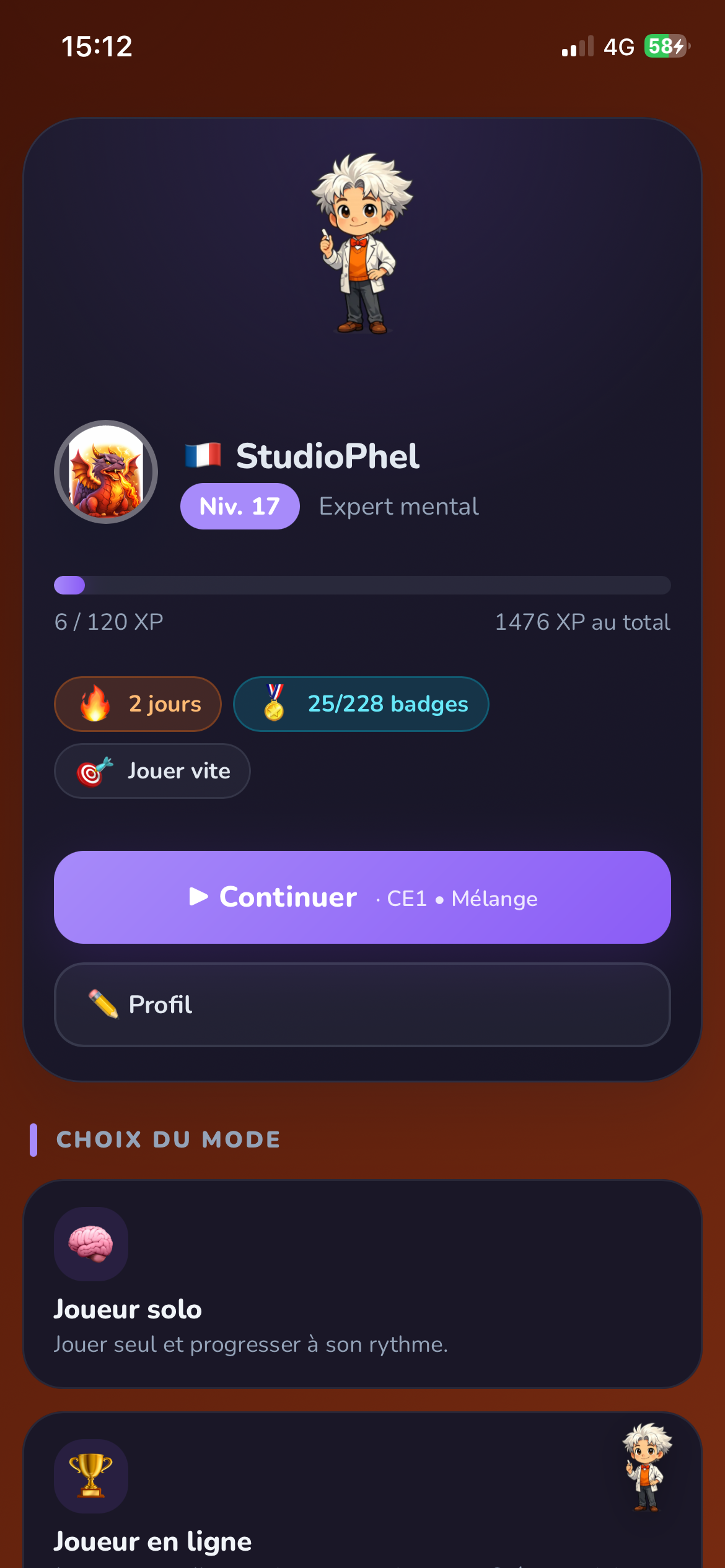 &Eacute;cran d'accueil — tableau de bord du joueur avec XP et streaks