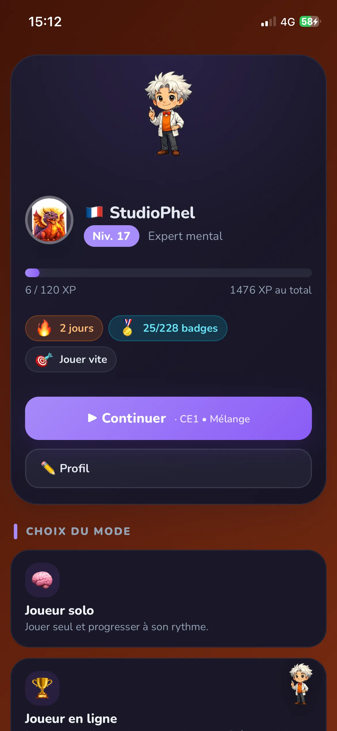 &Eacute;cran d'accueil — tableau de bord du joueur avec XP et streaks