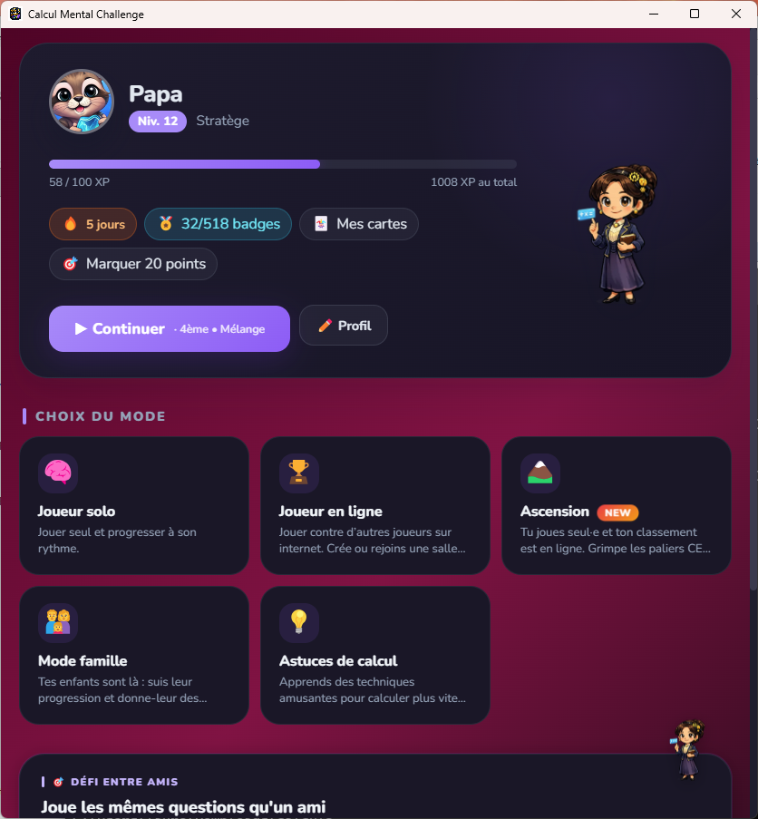 &Eacute;cran d'accueil c&ocirc;t&eacute; parent : profil, badges, acc&egrave;s aux modes Solo, En ligne, Ascension et Mode famille