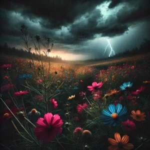 Un champ de fleurs sous un ciel orageux, ambiance dramatique et sombre